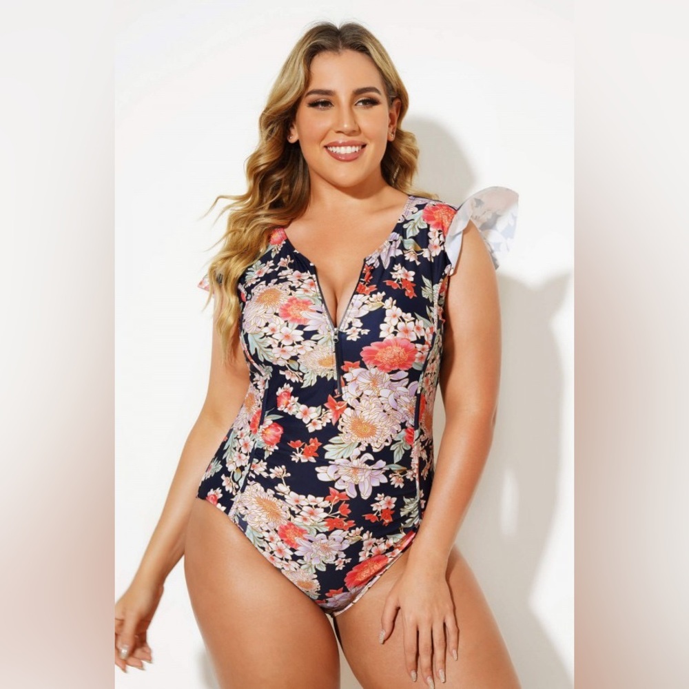 Meet Curve Flower Frill Sleeve Zip Up One Piece swimsuit 3X